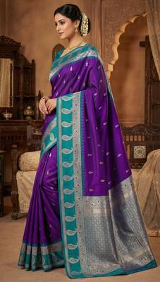 Purple soft banarasi silk saree with zari weaving  design with contrast blouse 1