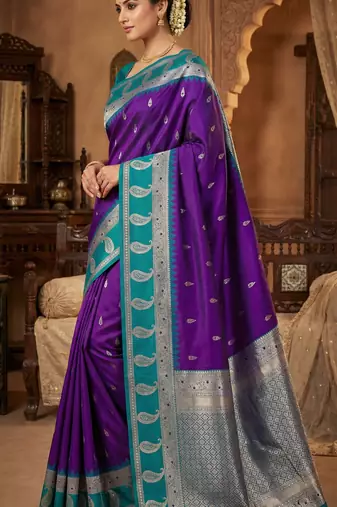 purple soft silk blend saree with zari weaving design with contrast blouse