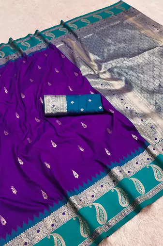 purple soft silk blend saree with zari weaving design with contrast blouse
