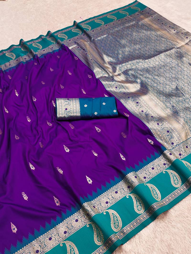 Purple soft banarasi silk saree with zari weaving  design with contrast blouse