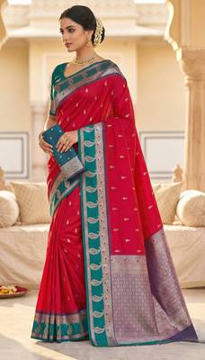 Pink soft banarasi silk saree with zari weaving  design with contrast blouse 1