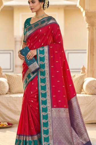 Pink soft banarasi silk saree with zari weaving  design with contrast blouse