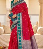 Pink soft banarasi silk saree with zari weaving  design with contrast blouse