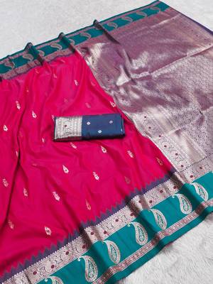 Pink soft banarasi silk saree with zari weaving  design with contrast blouse 2