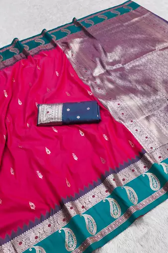 pink soft silk blend saree with zari weaving design with contrast blouse