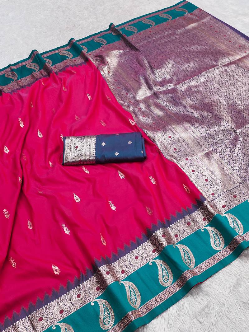 Pink soft banarasi silk saree with zari weaving  design with contrast blouse