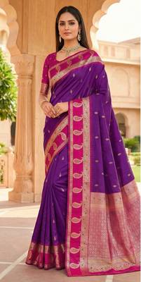 Wine soft banarasi silk saree with zari weaving  design with contrast blouse 1