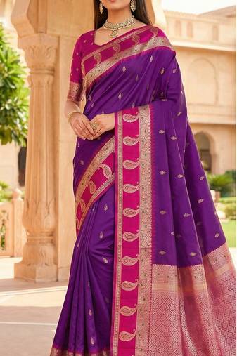 Wine soft banarasi silk saree with zari weaving  design with contrast blouse