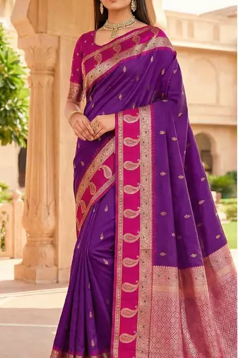 wine soft silk blend saree with zari weaving design with contrast blouse