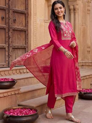 Women Ethnic Motifs Embroidered Regular Thread Work Kurta with Trousers & With Dupatta 1