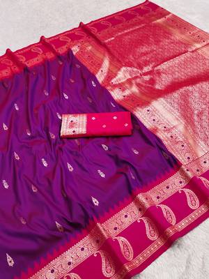 Wine soft banarasi silk saree with zari weaving  design with contrast blouse 2