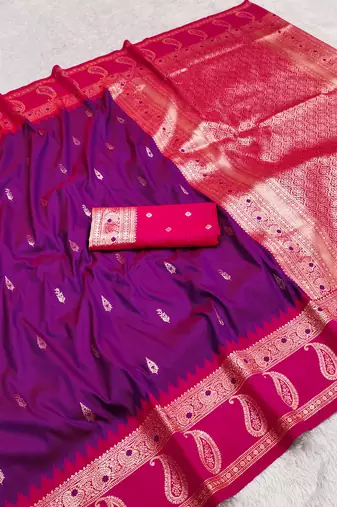 wine soft silk blend saree with zari weaving design with contrast blouse