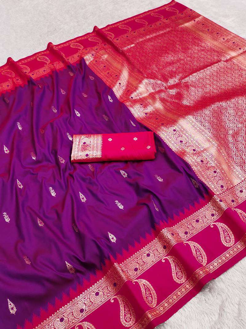 Wine soft banarasi silk saree with zari weaving  design with contrast blouse
