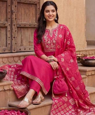 Women Ethnic Motifs Embroidered Regular Thread Work Kurta with Trousers & With Dupatta 5