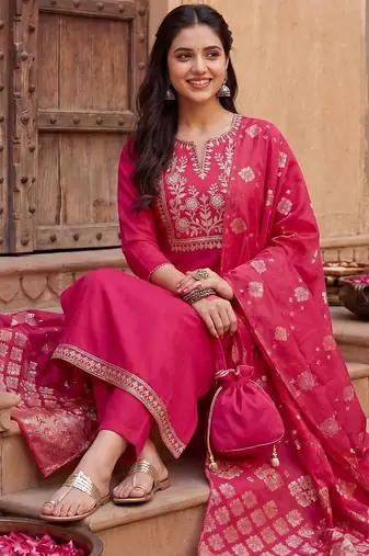 Women Ethnic Motifs Embroidered Regular Thread Work Kurta with Trousers & With Dupatta