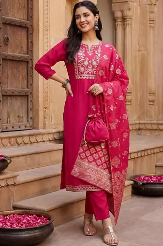 Women Ethnic Motifs Embroidered Regular Thread Work Kurta with Trousers & With Dupatta
