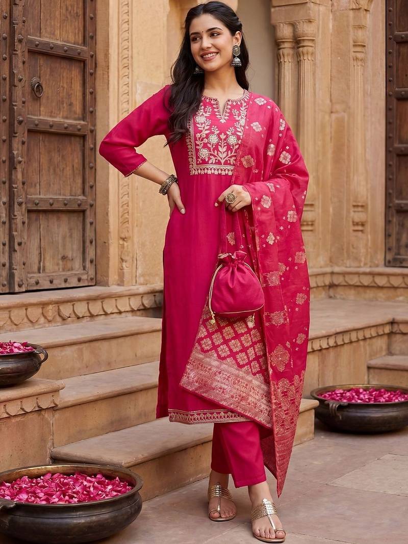 Women Ethnic Motifs Embroidered Regular Thread Work Kurta with Trousers & With Dupatta