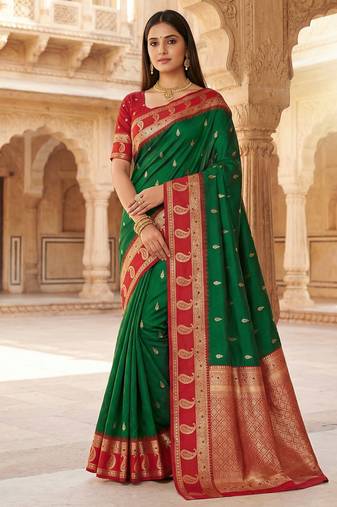 green soft silk blend saree with zari weaving design with contrast blouse