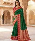 Green soft banarasi silk saree with zari weaving  design with contrast blouse