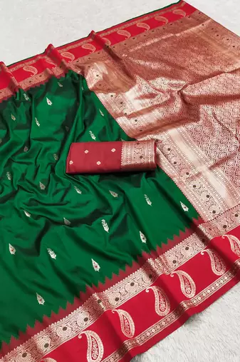 green soft silk blend saree with zari weaving design with contrast blouse