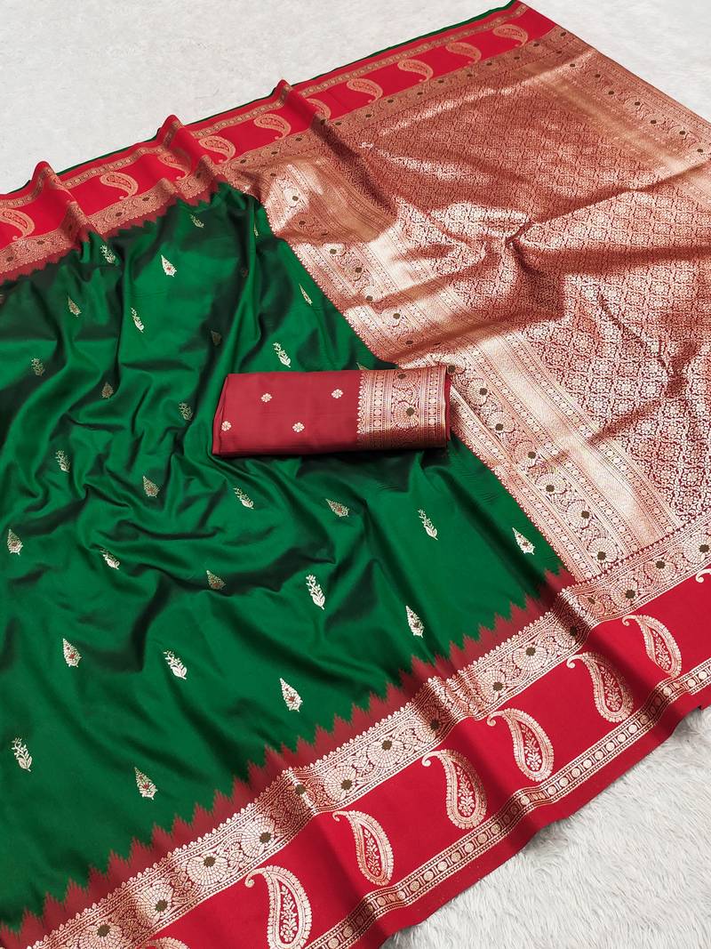 Green soft banarasi silk saree with zari weaving  design with contrast blouse