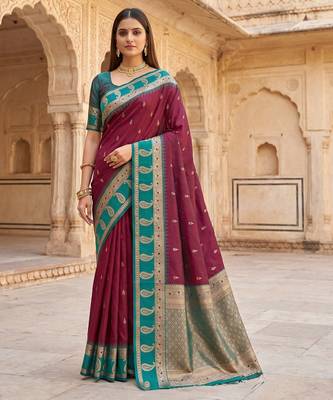 Maroon soft banarasi silk saree with zari weaving  design with contrast blouse 1