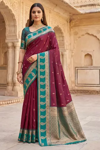 Maroon soft banarasi silk saree with zari weaving  design with contrast blouse