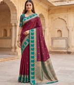 Maroon soft banarasi silk saree with zari weaving  design with contrast blouse