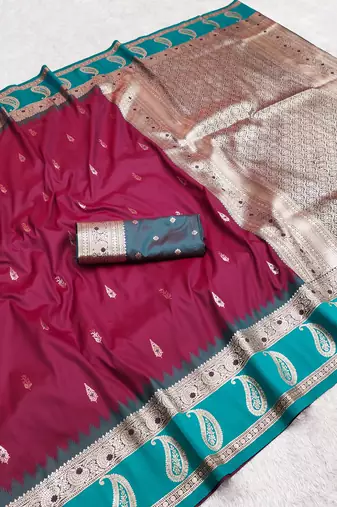 Maroon soft banarasi silk saree with zari weaving  design with contrast blouse
