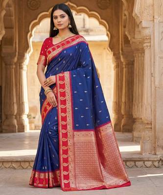 Blue soft banarasi silk saree with zari weaving  design with contrast blouse 1