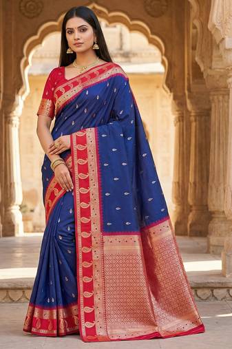Blue soft banarasi silk saree with zari weaving  design with contrast blouse