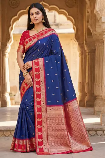 blue soft silk blend saree with zari weaving design with contrast blouse