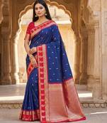 Blue soft banarasi silk saree with zari weaving  design with contrast blouse