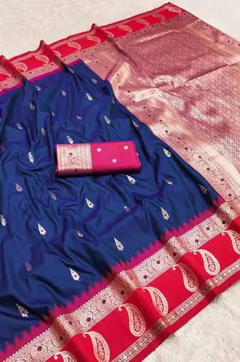 blue soft silk blend saree with zari weaving design with contrast blouse