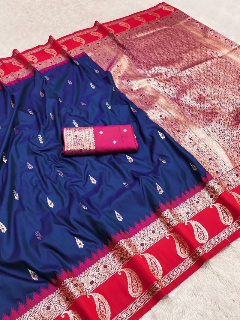 Blue soft banarasi silk saree with zari weaving  design with contrast blouse