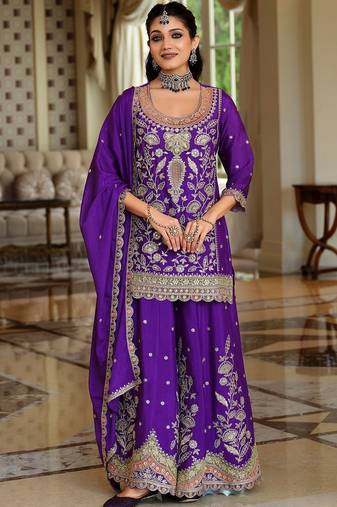 Women Ethnic Motifs Embroidered Regular Kurta with Sharara & With Dupatta