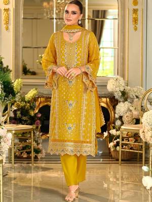 Adults-Women Woven Design Embroidered Kurta with Trousers & Dupatta 2