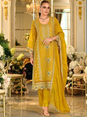 Adults-Women Woven Design Embroidered Kurta with Trousers & Dupatta 4