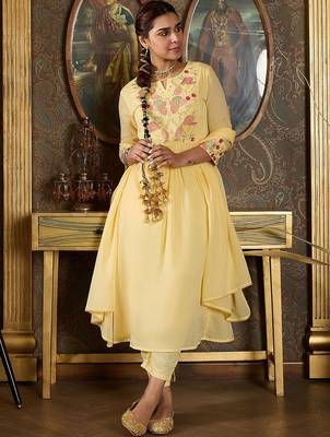 Embroidered Notch Neck Panelled A Line Pure Cotton Kurta With Trousers & Dupatta 1