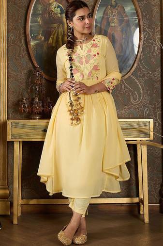 Embroidered Notch Neck Panelled A Line Pure Cotton Kurta With Trousers & Dupatta