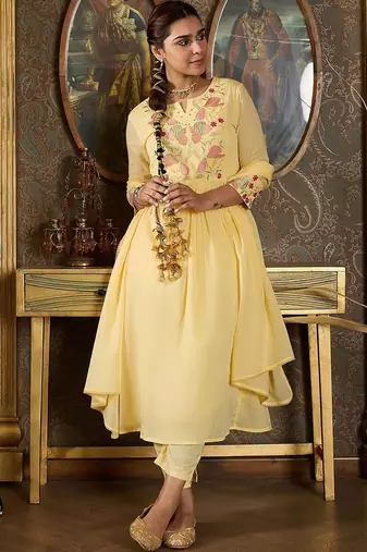 Embroidered Notch Neck Panelled A Line Pure Cotton Kurta With Trousers & Dupatta