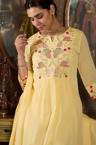 Embroidered Notch Neck Panelled A Line Pure Cotton Kurta With Trousers & Dupatta