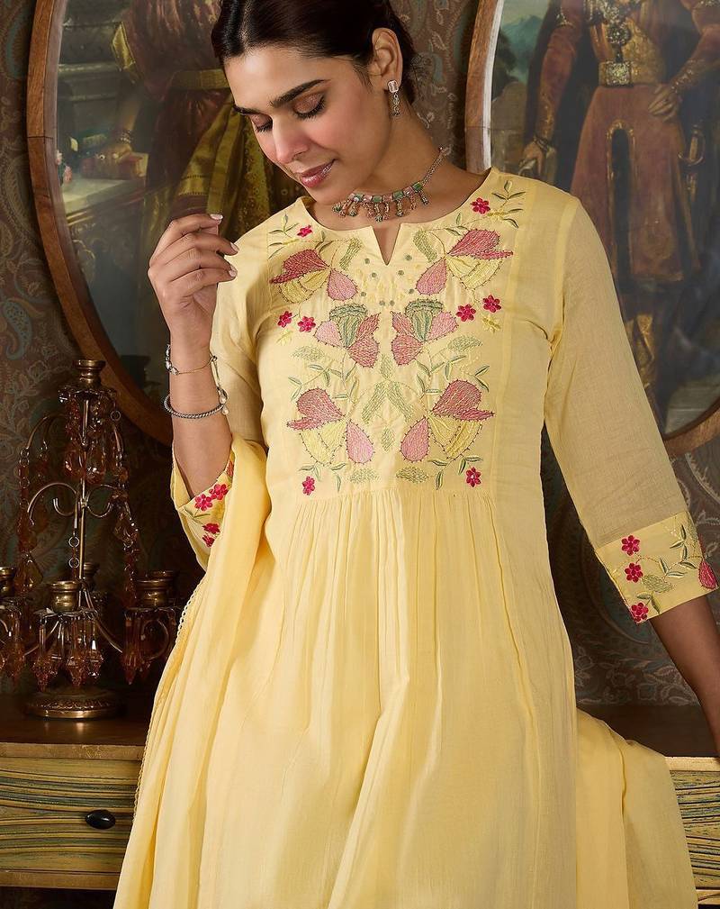 Embroidered Notch Neck Panelled A Line Pure Cotton Kurta With Trousers & Dupatta