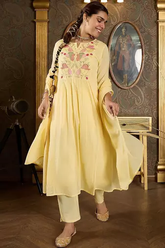 Embroidered Notch Neck Panelled A Line Pure Cotton Kurta With Trousers & Dupatta