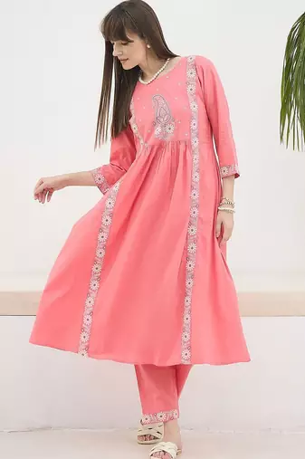 Floral Embroidered Thread Work Pure Cotton Kurta With Trousers