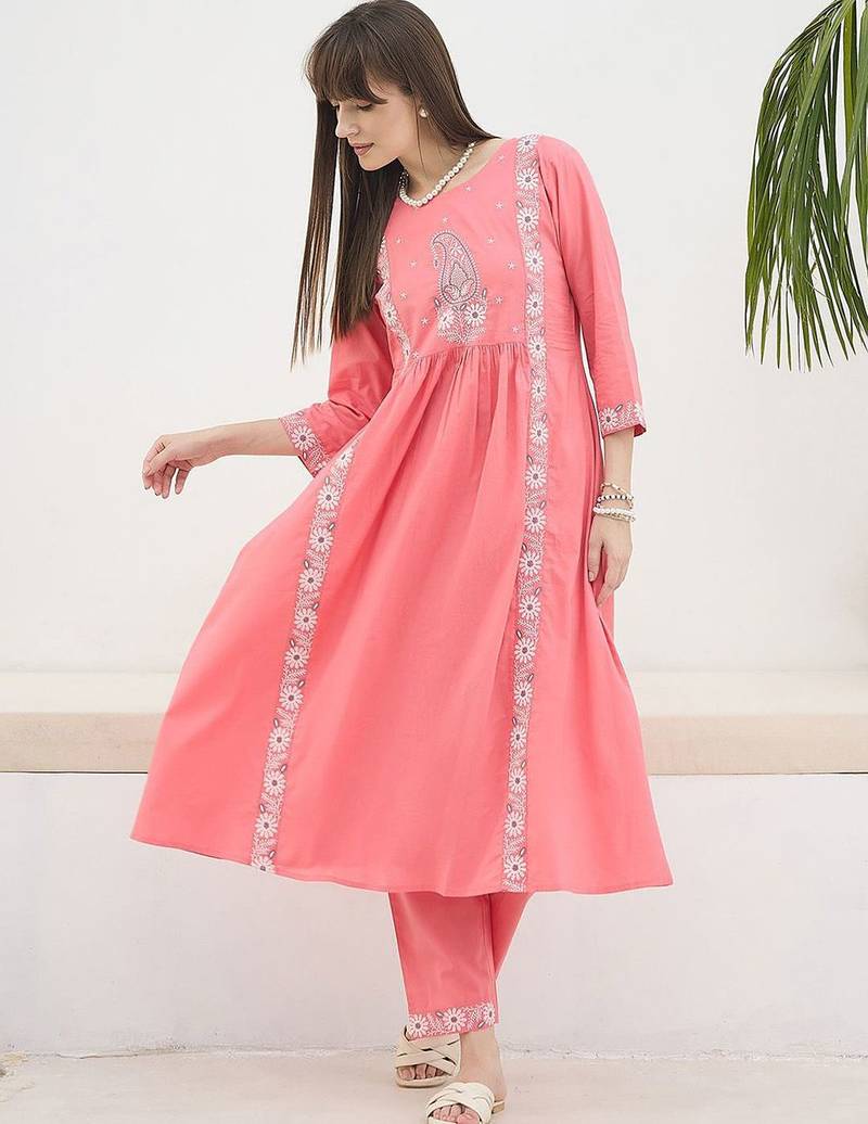 Floral Embroidered Thread Work Pure Cotton Kurta With Trousers
