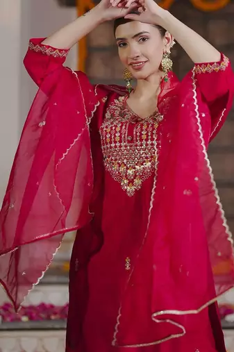 Embroidered Sequinned Straight Kurta With Trousers & Dupatta