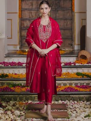 Embroidered Sequinned Straight Kurta With Trousers & Dupatta 1