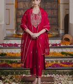 Embroidered Sequinned Straight Kurta With Trousers & Dupatta