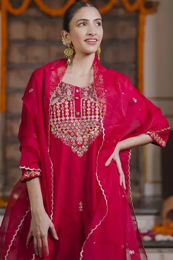 Embroidered Sequinned Straight Kurta With Trousers & Dupatta